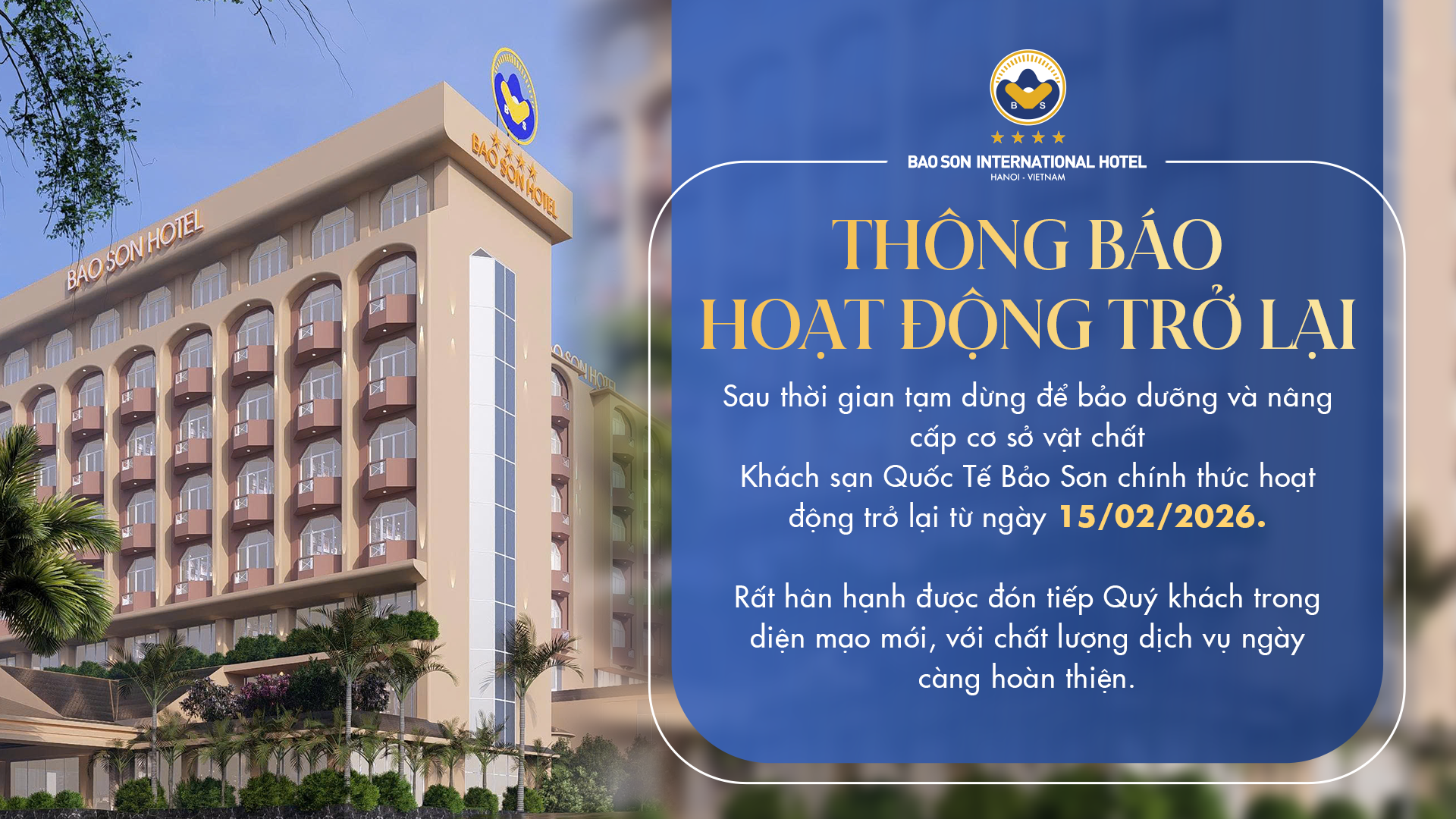 KHÁCH SẠN QUỐC TẾ BẢO SƠN HOÀN TẤT BẢO DƯỠNG, SẴN SÀNG ĐÓN KHÁCH TỪ NGÀY 15/02/2026